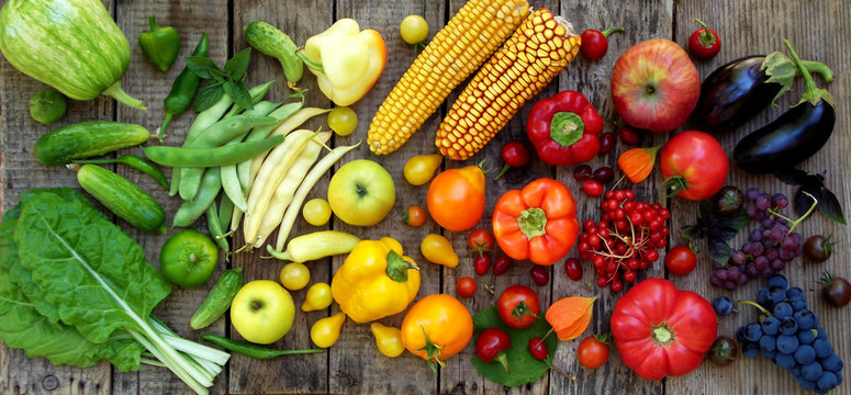 Green, Yellow, Red, Purple Fruits And Vegetables