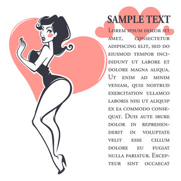 beauty pinup girl on heart shape background and place for your t