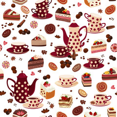 Seamless pattern with coffee pots, cups and sweets.