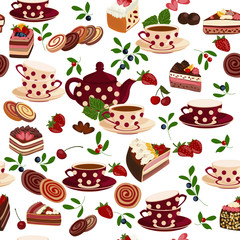 Seamless pattern with teapots, cups, sweets and berries.