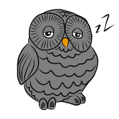 Gray sleepy owl cartoon illustration