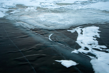 icy surface of Lake Baikal. crack and scratches on clear ice