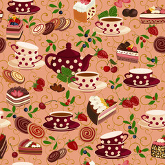 Seamless pattern with teapots, cups, sweets and berries.