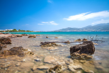 Steine und Baumstamm im Meer