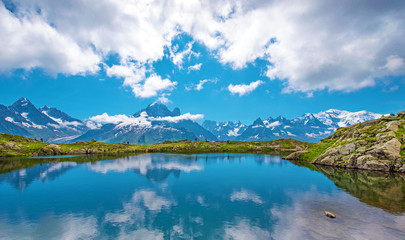 Fototapeta na wymiar Fantastic landscape with lake on the background of Mont Blanc, F
