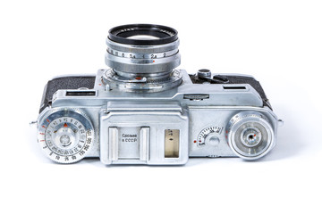 The control elements of retro soviet film photographic camera  isolated on white background (the inscription is "Made in USSR")