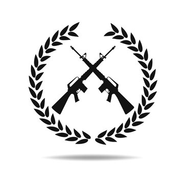 M16 on Laurel icon .Machine gun black silhouette. Vector illustration