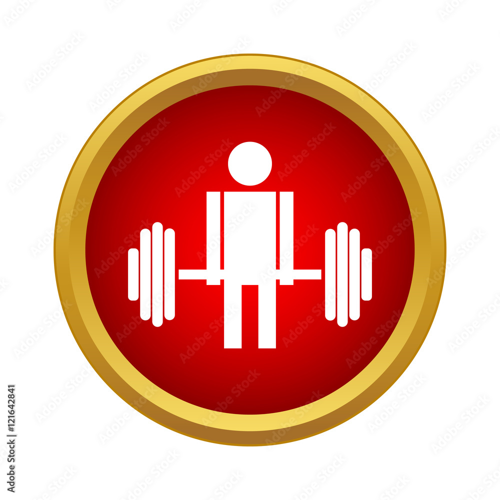 Poster man with barbell icon in simple style on a white background
