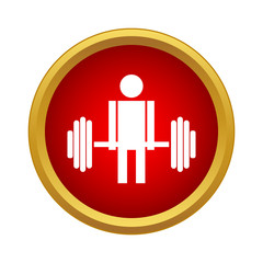 Man with barbell icon in simple style on a white background