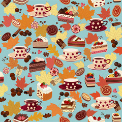 Seamless pattern with cups, candy, and autumn leaves.