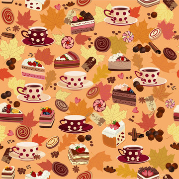 Seamless pattern with cups, candy, and autumn leaves.