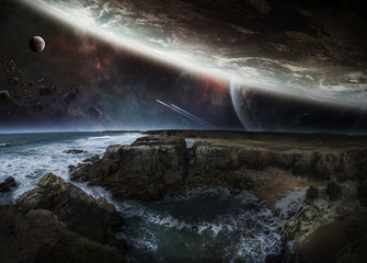 View of distant planet system from cliffs 3D rendering elements