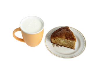 

tasty and healthy cake and cup of milk for a healthy diet. isolated on white background without shadows. easy to cut to your design.