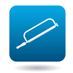 Hacksaw icon in simple style in blue square. Tool symbol