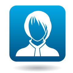 Avatar woman with a caret icon in simple style in blue square. People symbol