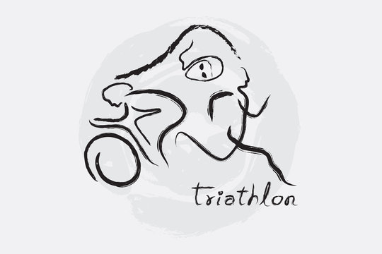 Triathlon graphic using brush stroke to design and form the shape of triathletes are swimming running and cycling.