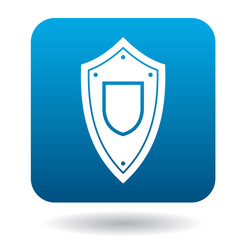 Protective battle shield icon in simple style in blue square. Weapon for war symbol