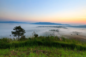 Misty morning sunrise in Khao Takhian Ngo View Point at Khao-kho