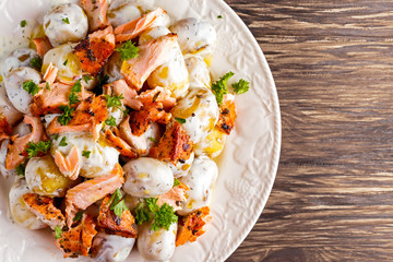 Salmon and young potato warm salad with a lemony yogurt dressing