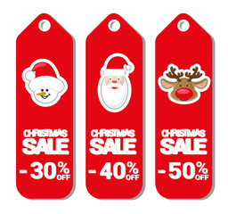 Set pattern for label Christmas sale with Santa Claus, deer and snowman isolated on white background. Cartoon style. Vector illustration