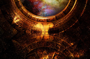 Ancient Mayan Calendar, Cosmic space and stars, abstract color Background, computer collage.