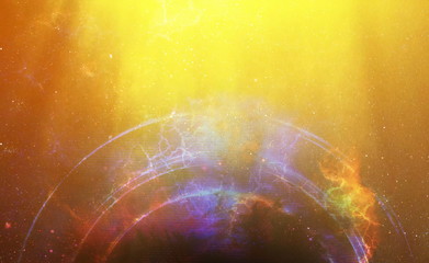 Cosmic space and stars with light circle, color cosmic abstract background.