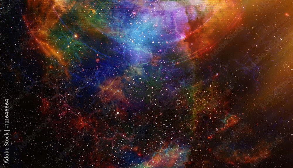 Poster cosmic space and stars with light circle, color cosmic abstract background.