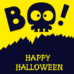 Funny holiday banner: title Boo from skull skeleton and Happy Halloween from bones letters. Vector illustration in cartoon style. Concept design poster, flyer or ticket on party.