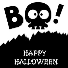 Funny holiday banner: title Boo from skull skeleton and Happy Halloween from bones letters. Vector illustration in cartoon style. Concept design poster, flyer or ticket on party.