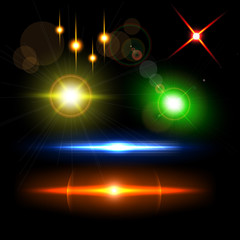 Set of sparkle lights with transparency effects. Collection of beautiful bright lens flares.