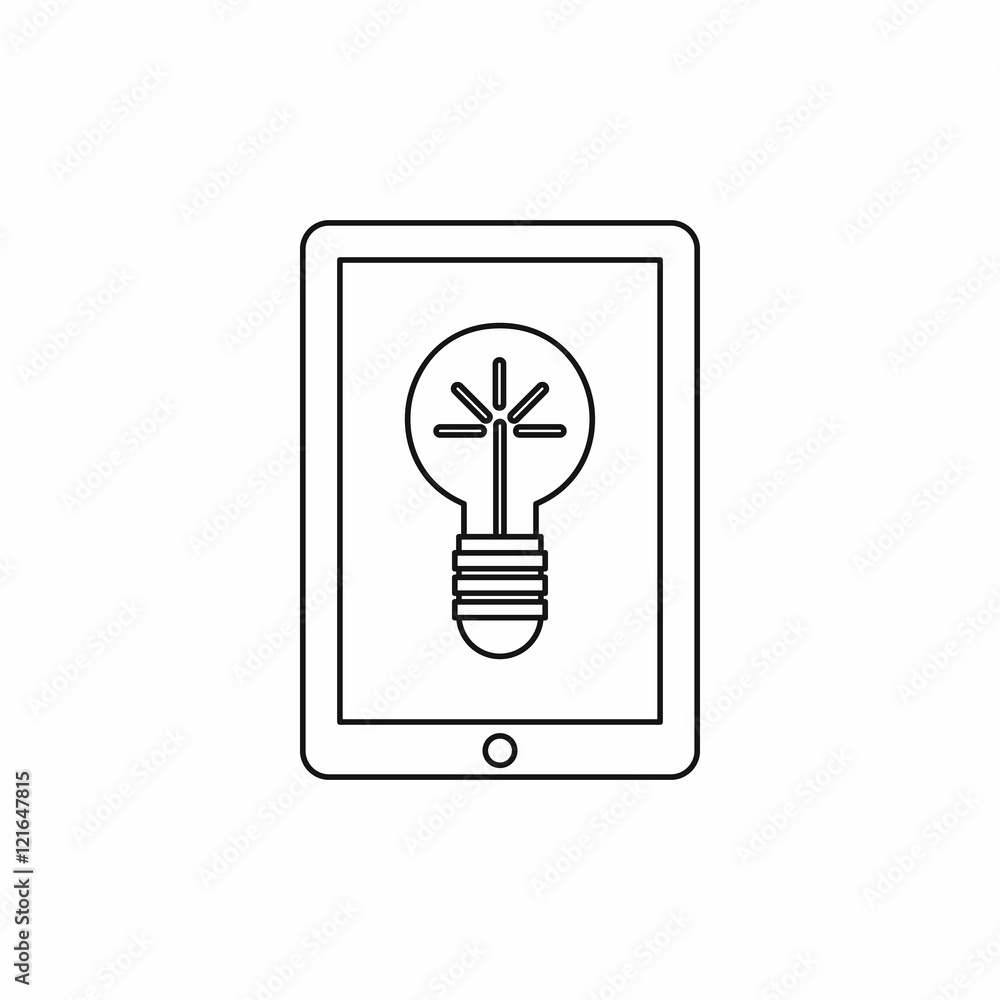 Poster light bulb on tablet computer screen icon in outline style on a white background