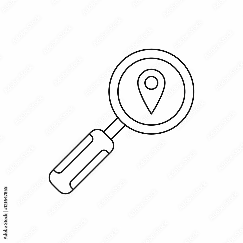 Aufkleber magnifying glass and pin pointer icon in outline style on a white background