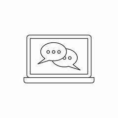 Speech bubbles on laptop icon in outline style on a white background