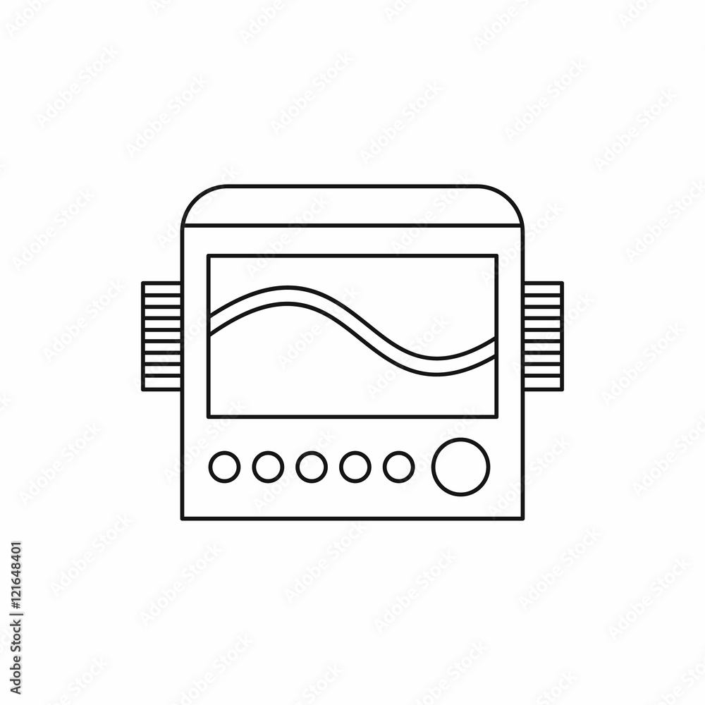 Poster display with cardiogram, ecg machine icon in outline style on a white background