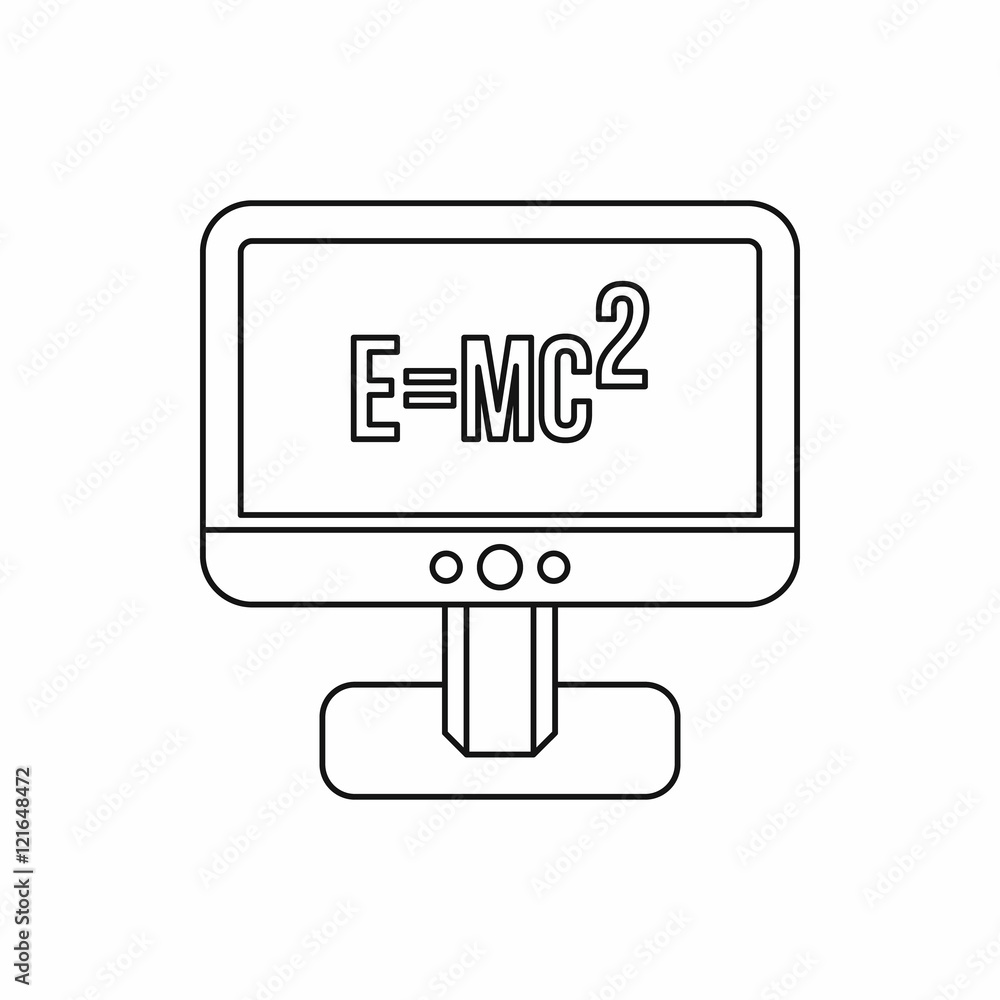 Poster computer monitor with the theory of relativity formula icon in outline style on a white background
