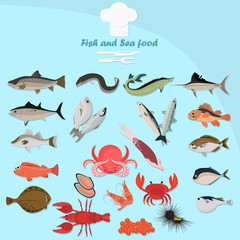 Set of color flat sea food and fish color icons. Flat design