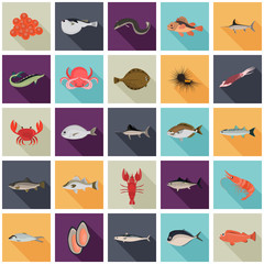 Set of color flat sea food and fish color icons. Flat design