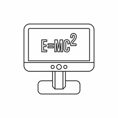 Computer monitor with the Theory of Relativity formula icon in outline style on a white background