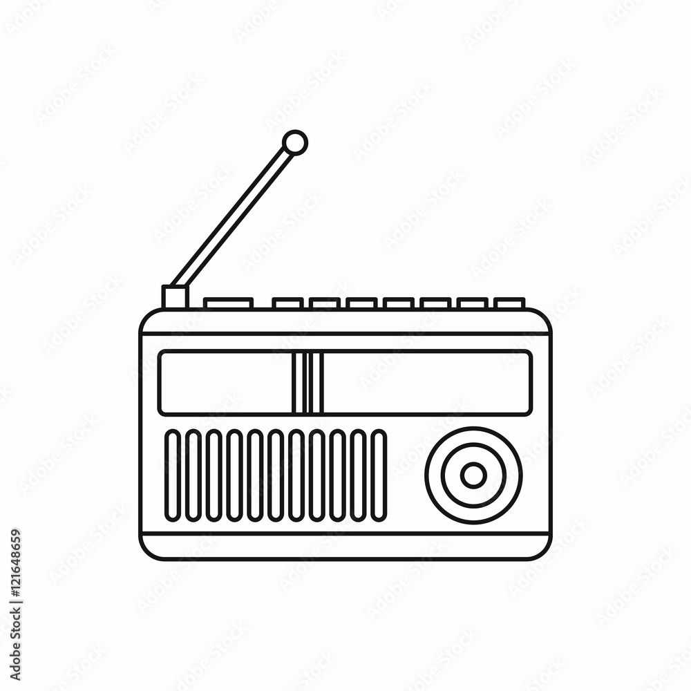 Poster retro radio receiver icon in outline style on a white background