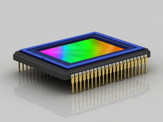 Digital camera sensor isolated on glossy surface, flat lay, top view, rainbow matrix, 3D rendering