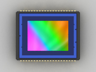 Sensor of modern digital camera. Flat lay, top view, rainbow matrix surface, 3D rendering