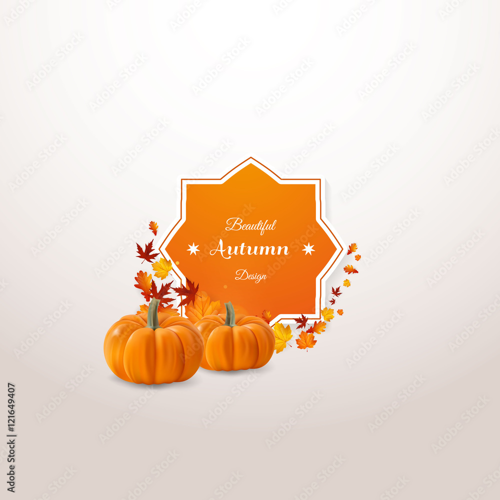 Wall mural vector set of colorful autumn leaves with label design and photorealisit pumpkin vector illustration