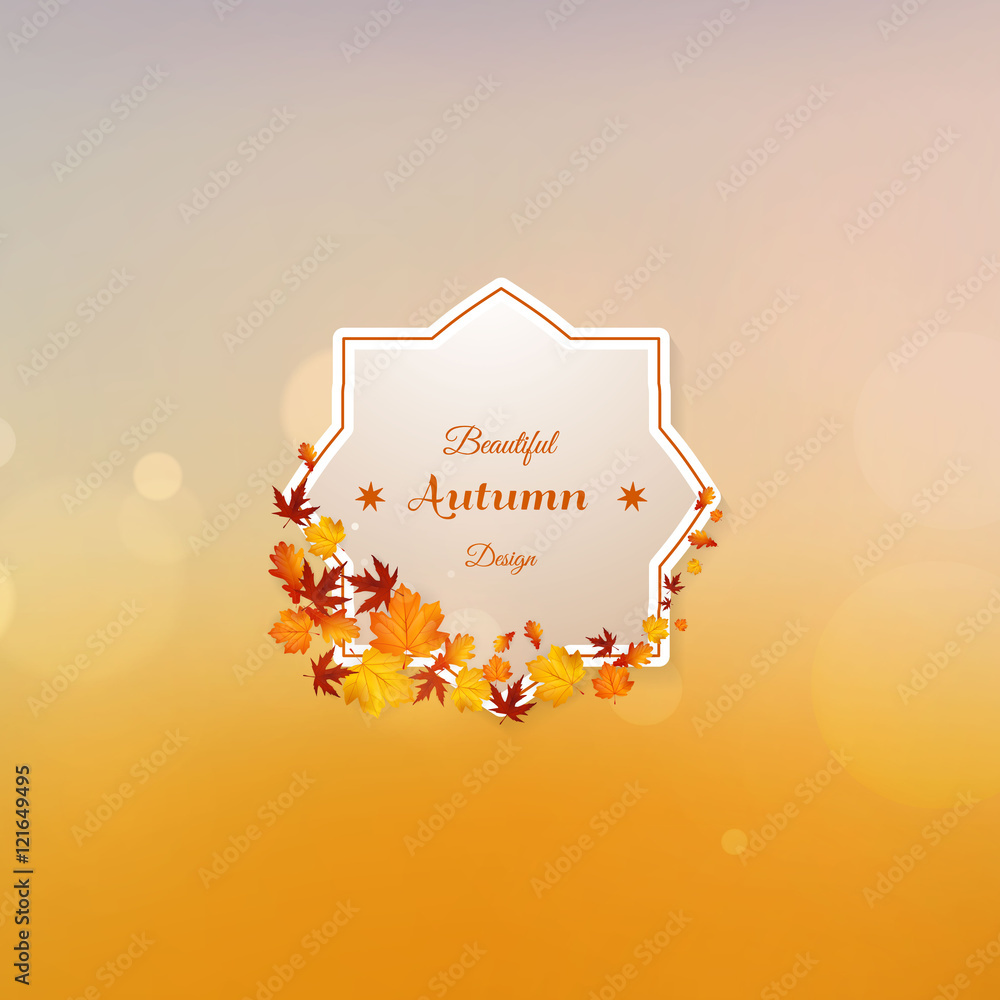 Wall mural vector set of colorful leaves with label design. autumn vector design and bokeh background.