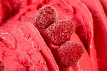 Watermelon cherry flavoured sorbet texture with raspberries. - obrazy, fototapety, plakaty