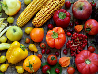 Fototapeta na wymiar yellow, orange and red fruits and vegetables