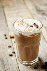 coffee chocolate banana smoothie with coconut whipped cream