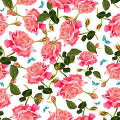 Seamless pattern with watercolor pink roses and teal butterflies