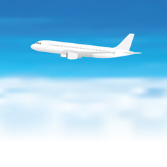 White aeroplane on blue sky cloud background