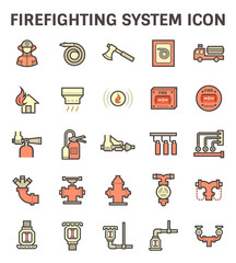 Firefighting system, equipment vector icon i.e. alarm, sprinkler, hose, extinguisher, firefighter or fireman for emergency, rescue, fire suppression by water, chemical. To safety, protection building.