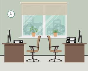 Workplace for two office workers. Vector illustration. There is a tables, chairs, the computers and other objects in the picture. Office objects are situated on a window background